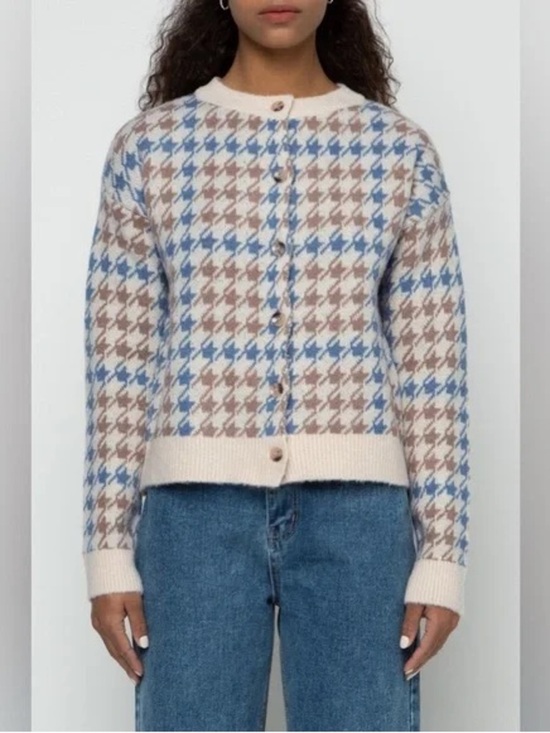 OAK + FORT Sweaters - OAK + FORT Cream Cardigan with Blue & Brown Houndstooth